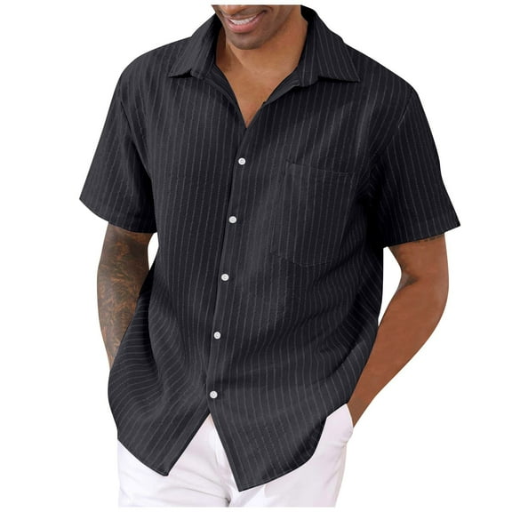Huresd Men's Wrinkle Free Untucked Cuban Shirt Business Casual Button Down Shirts Short Sleeve Striped Print Shirts Black L