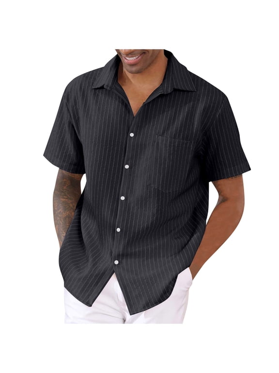 Men's Wrinkle Free Untucked Cuban Shirt Business Casual Button Down Shirts Short Sleeve Striped Print Shirts Black XL