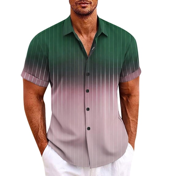 Huresd Men's Wrinkle Free Untucked Cuban Shirt Business Casual Button Down Shirts Short Sleeve Striped Print Shirts Green 4XL