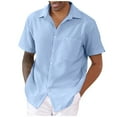 thumbnail image 1 of Huresd Men's Wrinkle Free Untucked Cuban Shirt Business Casual Button Down Shirts Short Sleeve Striped Print Shirts Light Blue L, 1 of 4