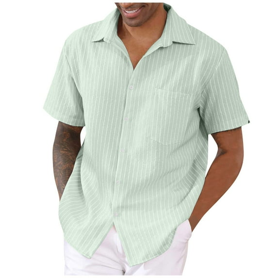 Huresd Men's Wrinkle Free Untucked Cuban Shirt Business Casual Button Down Shirts Short Sleeve Striped Print Shirts Mint Green M