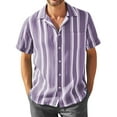thumbnail image 1 of Huresd Men's Wrinkle Free Untucked Cuban Shirt Business Casual Button Down Shirts Short Sleeve Striped Print Shirts Purple L, 1 of 4