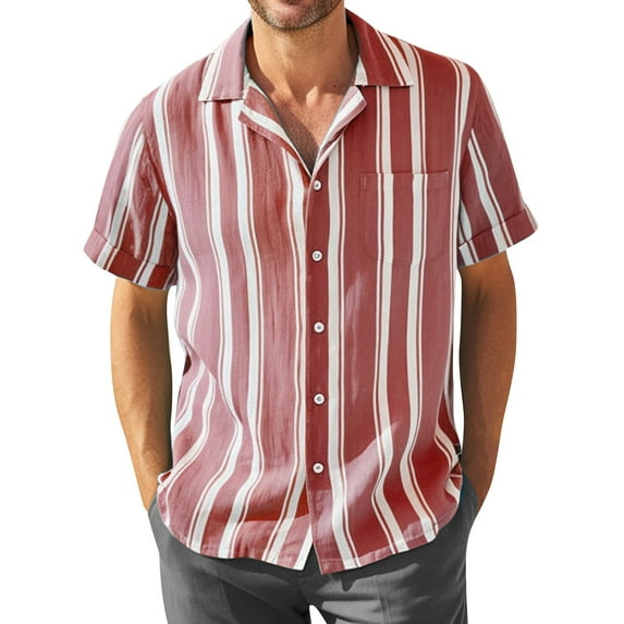 Huresd Men's Wrinkle Free Untucked Cuban Shirt Business Casual Button Down Shirts Short Sleeve Striped Print Shirts Red M