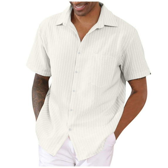 Huresd Men's Wrinkle Free Untucked Cuban Shirt Business Casual Button Down Shirts Short Sleeve Striped Print Shirts White 2XL