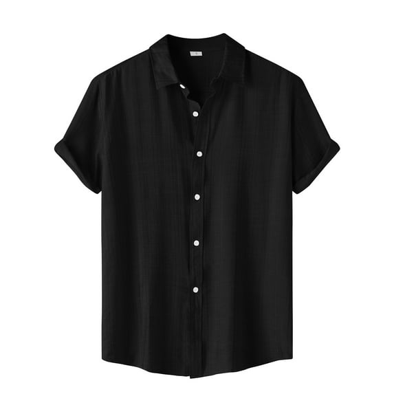 Huresd Men's Wrinkle Free Untucked Cuban Shirt Business Casual Button Down Tops Short Sleeve Solid Color Shirt Black M