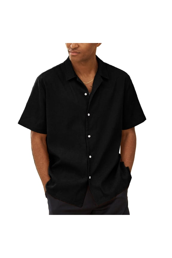 Men's Wrinkle Free Untucked Cuban Shirt Business Casual Button Down Tops Short Sleeve Solid Color Shirt Black XL