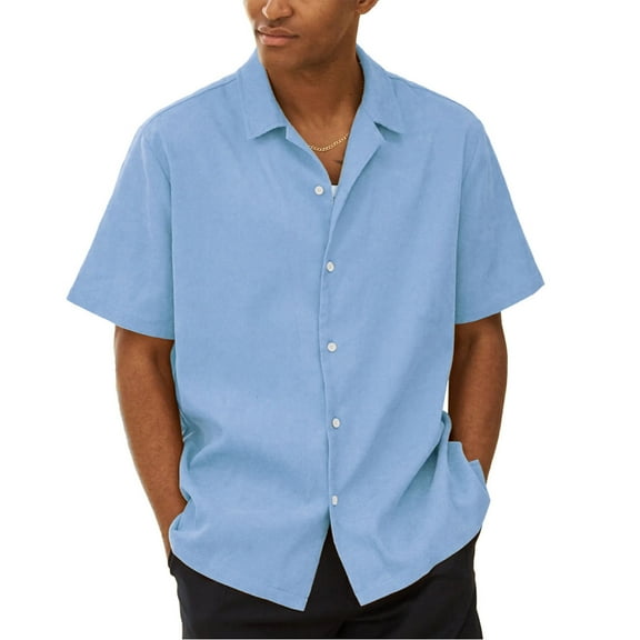 Huresd Men's Wrinkle Free Untucked Cuban Shirt Business Casual Button Down Tops Short Sleeve Solid Color Shirt Blue L