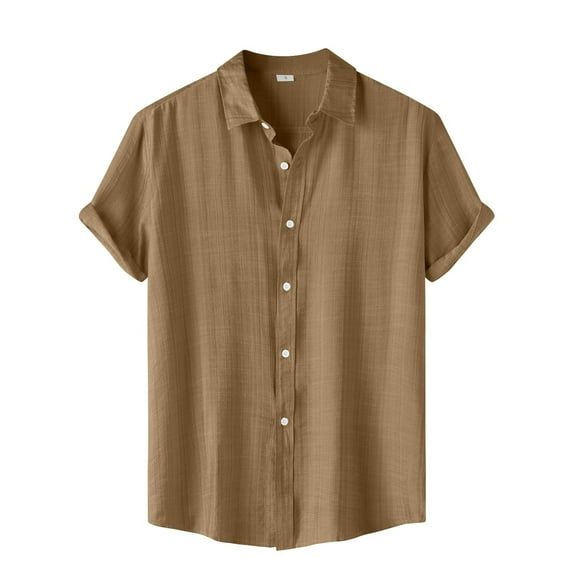 Huresd Men's Wrinkle Free Untucked Cuban Shirt Business Casual Button Down Tops Short Sleeve Solid Color Shirt Camel 2XL