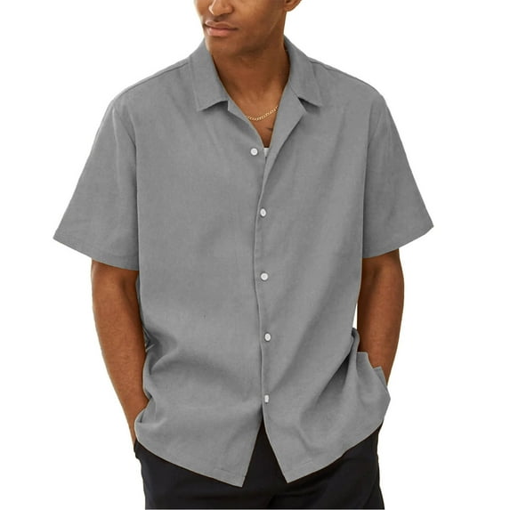 Huresd Men's Wrinkle Free Untucked Cuban Shirt Business Casual Button Down Tops Short Sleeve Solid Color Shirt Gray 4XL