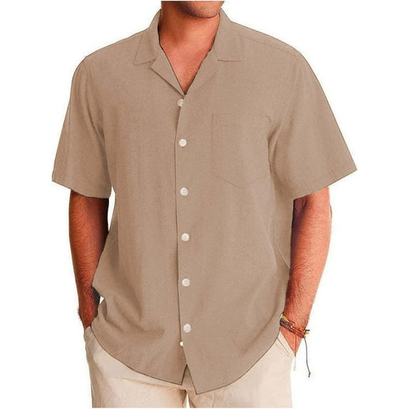 Huresd Men's Wrinkle Free Untucked Cuban Shirt Business Casual Button Down Tops Short Sleeve Solid Color Shirt Khaki 2XL