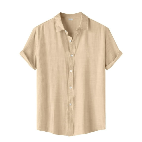 Huresd Men's Wrinkle Free Untucked Cuban Shirt Business Casual Button Down Tops Short Sleeve Solid Color Shirt Khaki XL