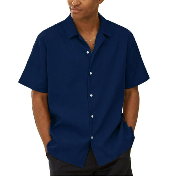 Huresd Men's Wrinkle Free Untucked Cuban Shirt Business Casual Button Down Tops Short Sleeve Solid Color Shirt Navy 2XL