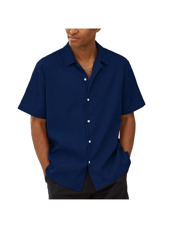 Men's Wrinkle Free Untucked Cuban Shirt Business Casual Button Down Tops Short Sleeve Solid Color Shirt Navy 2XL
