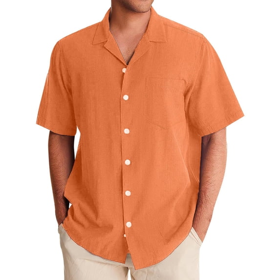 Huresd Men's Wrinkle Free Untucked Cuban Shirt Business Casual Button Down Tops Short Sleeve Solid Color Shirt Orange XL