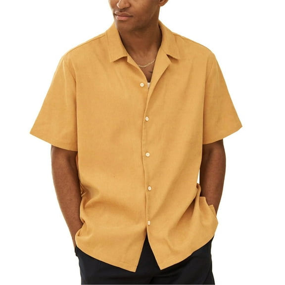 Huresd Men's Wrinkle Free Untucked Cuban Shirt Business Casual Button Down Tops Short Sleeve Solid Color Shirt Yellow L