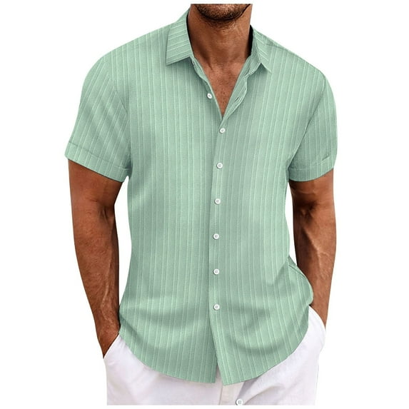 Huresd Mens Tops Clearance Summer Short Sleeve Casual Solid Color Button-Up Shirts Light Green M