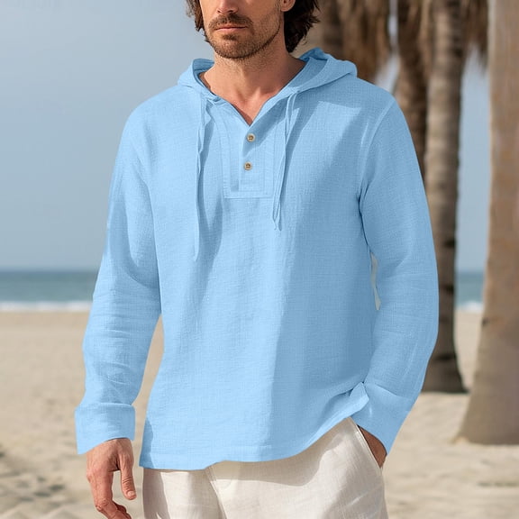 Huresd Mens Cotton Linen Henley Shirts Long Sleeve Solid Color Casual T-Shirt Regular Fit Lightweight Yoga Tops with Pocket Sky Blue 3XL