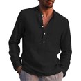 thumbnail image 1 of Huresd Mens Cotton Linen Henley Shirts Long Sleeve Summer Casual T-Shirt Regular Fit Lightweight Yoga Tops with Pocket Black 3XL, 1 of 6