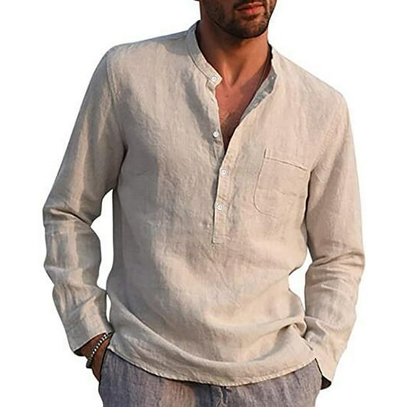 Huresd Mens Cotton Linen Henley Shirts Long Sleeve Summer Casual T-Shirt Regular Fit Lightweight Yoga Tops with Pocket Khaki 3XL