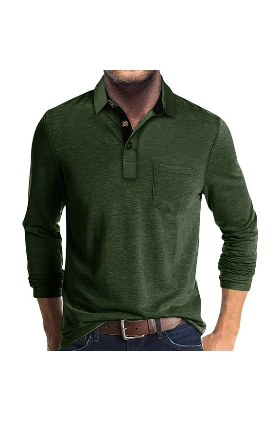 Mens Fashion Polo Shirts Cotton Classic Long Sleeve Thermal Button Shirt With Pocket Army Green L