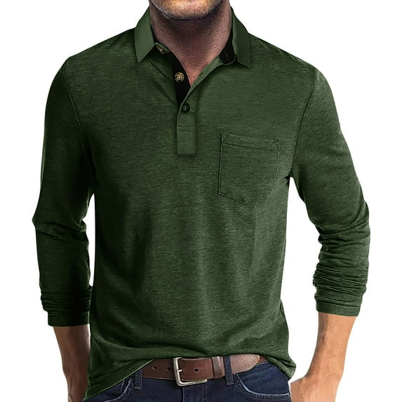 Huresd Mens Fashion Polo Shirts Cotton Classic Long Sleeve Thermal Button Shirt With Pocket Army Green M