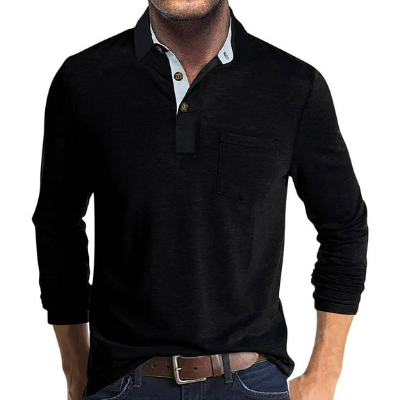 Huresd Mens Fashion Polo Shirts Cotton Classic Long Sleeve Thermal Button Shirt With Pocket Black 2XL