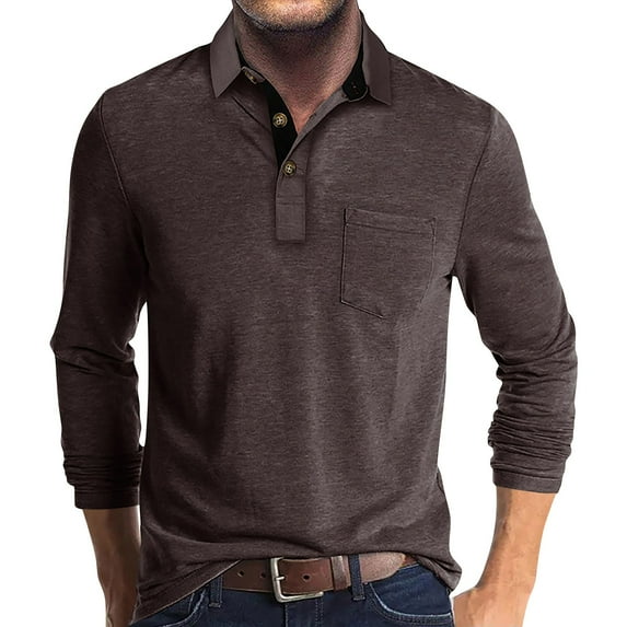 Huresd Mens Fashion Polo Shirts Cotton Classic Long Sleeve Thermal Button Shirt With Pocket Coffee 2XL