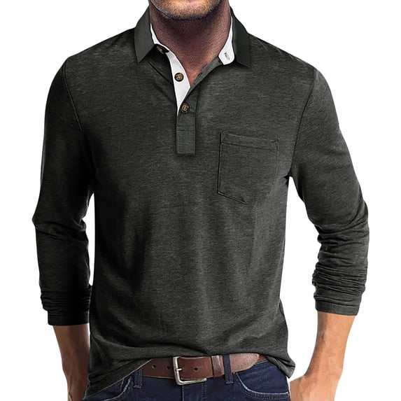 Huresd Mens Fashion Polo Shirts Cotton Classic Long Sleeve Thermal Button Shirt With Pocket Dark Gray M