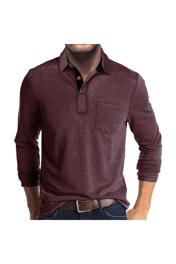 Mens Fashion Polo Shirts Cotton Classic Long Sleeve Thermal Button Shirt With Pocket Deep Red M