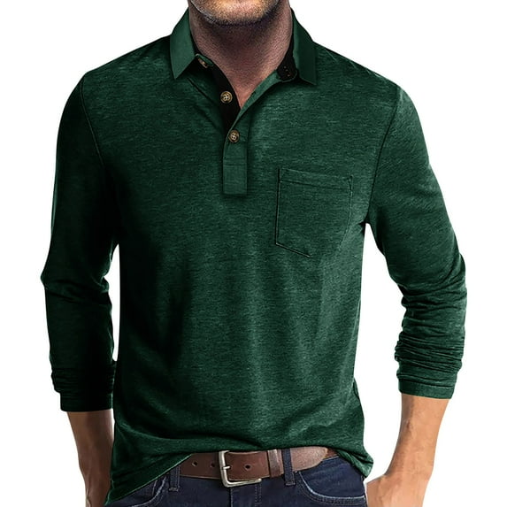 Huresd Mens Fashion Polo Shirts Cotton Classic Long Sleeve Thermal Button Shirt With Pocket Green 2XL
