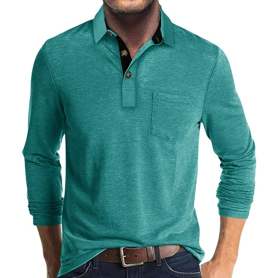 Huresd Mens Fashion Polo Shirts Cotton Classic Long Sleeve Thermal Button Shirt With Pocket Turquoise 2XL
