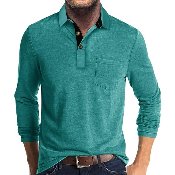 Huresd Mens Fashion Polo Shirts Cotton Classic Long Sleeve Thermal Button Shirt With Pocket Turquoise XL