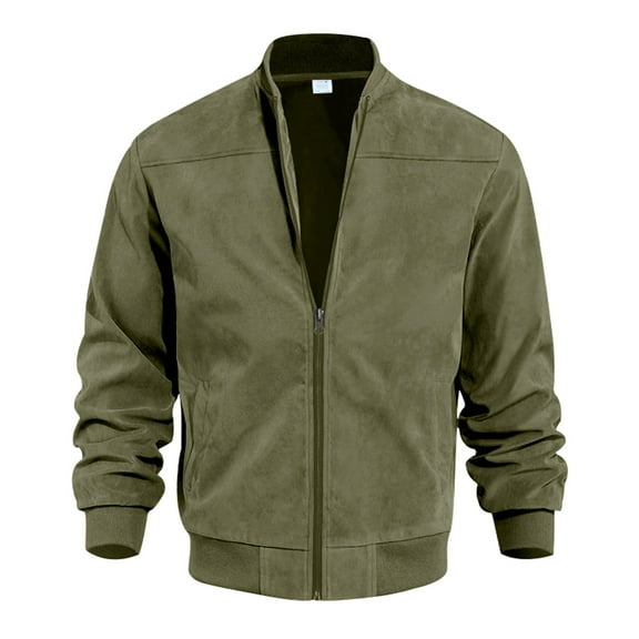 Huresd Mens Genuine Suede Bomber Jacket Leather Casual Varsity Vintage Smart Casual Army Green XL