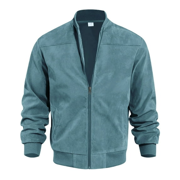 Huresd Mens Genuine Suede Bomber Jacket Leather Casual Varsity Vintage Smart Casual Light Blue 2XL