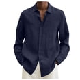 thumbnail image 1 of Huresd Mens Long Sleeve Guayabera Shirts Linen Cotton Button Down Shirt Navy 3XL, 1 of 5