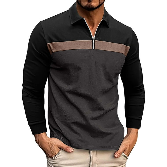 Huresd Mens Polo Shirts Quarter Zipper Breathable Shirts for Men Fashion Collared Long Sleeve Shirt Dark Gray 2XL