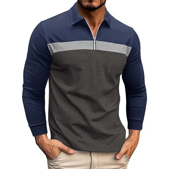 Huresd Mens Polo Shirts Quarter Zipper Breathable Shirts for Men Fashion Collared Long Sleeve Shirt Gray 2XL