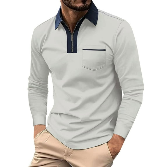 Huresd Mens Polo Shirts Quarter Zipper Breathable Shirts for Men Fashion Collared Long Sleeve Shirt Gray S