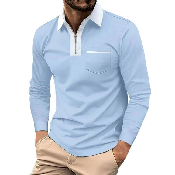 Huresd Mens Polo Shirts Quarter Zipper Breathable Shirts for Men Fashion Collared Long Sleeve Shirt Light Blue 2XL