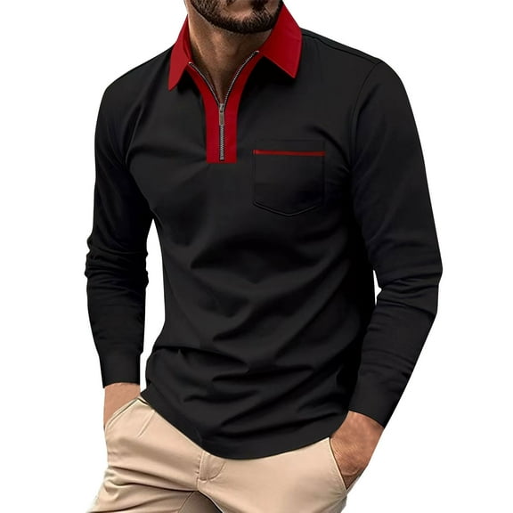 Huresd Mens Polo Shirts Quarter Zipper Breathable Shirts for Men Fashion Collared Long Sleeve Shirt Wine S