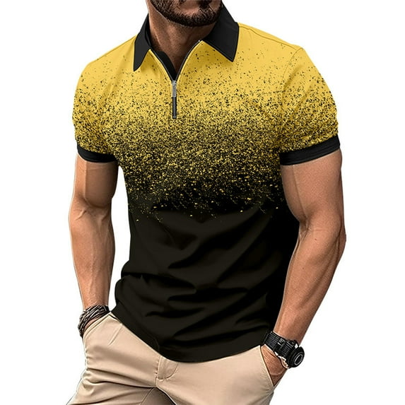 Huresd Mens Polo Shirts Quarter Zipper Breathable Shirts for Men Fashion Collared Short Sleeve Shirt Yellow XL