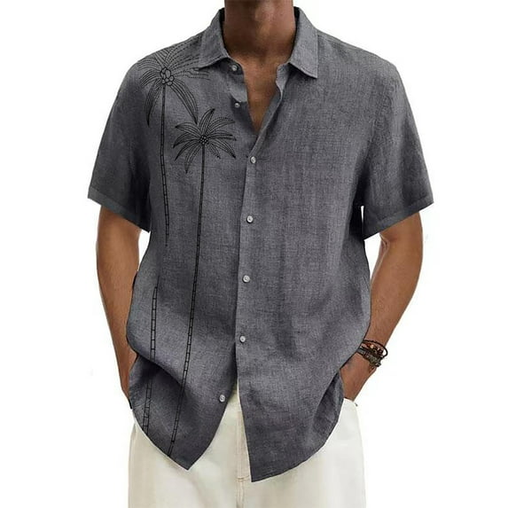 Huresd Mens Shirts Button Up Casual Men's Casual Solid Short Sleeve Shirts Loose Top Gray 3XL