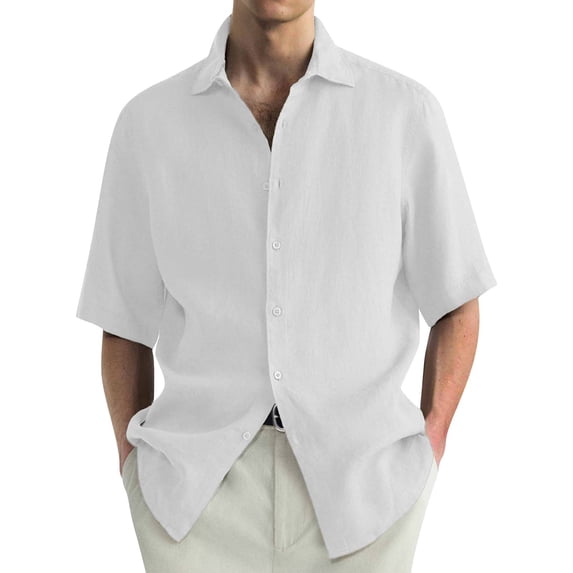 Huresd Mens Shirts Button Up Casual Men's Casual Solid Short Sleeve Shirts Loose Top White M