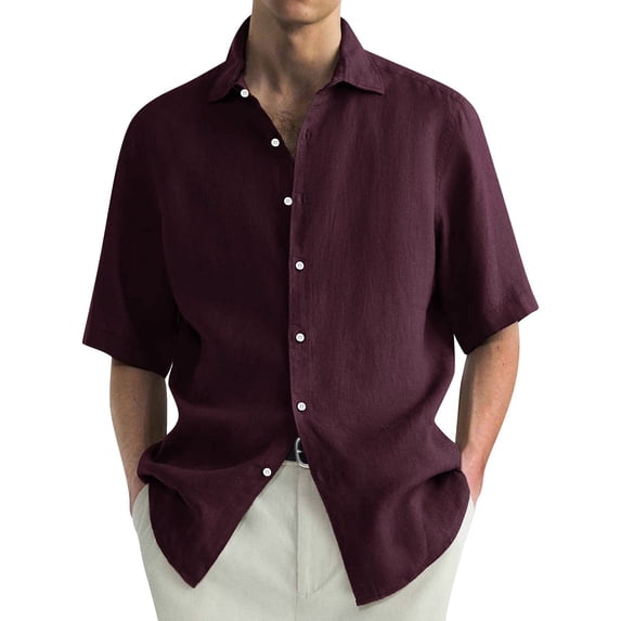 Huresd Mens Shirts Button Up Casual Men's Casual Solid Short Sleeve Shirts Loose Top Wine XL