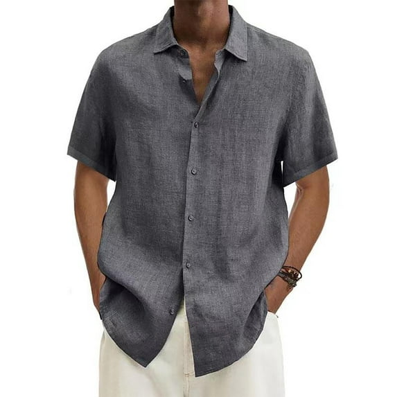 Huresd Mens Short Sleeve Button Down Shirts Linen Cotton Cuban Shirts Lighweight Turndown Collar Gray Shirt for Men 3XL