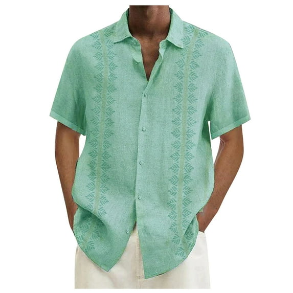Huresd Mens Short Sleeve Button Down Shirts Linen Cotton Summer Tops Vintage Embroidered Cuban Shirts for Men Cyan L