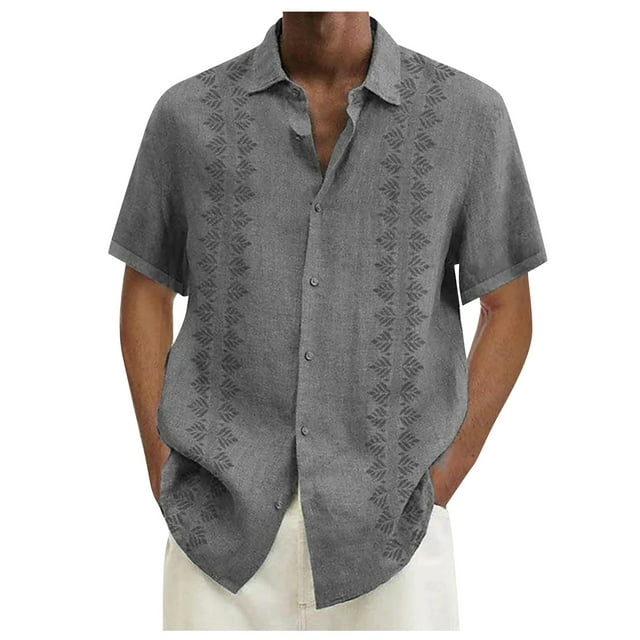 Huresd Mens Short Sleeve Button Down Shirts Linen Cotton Summer Tops Vintage Embroidered Cuban Shirts for Men Gray L