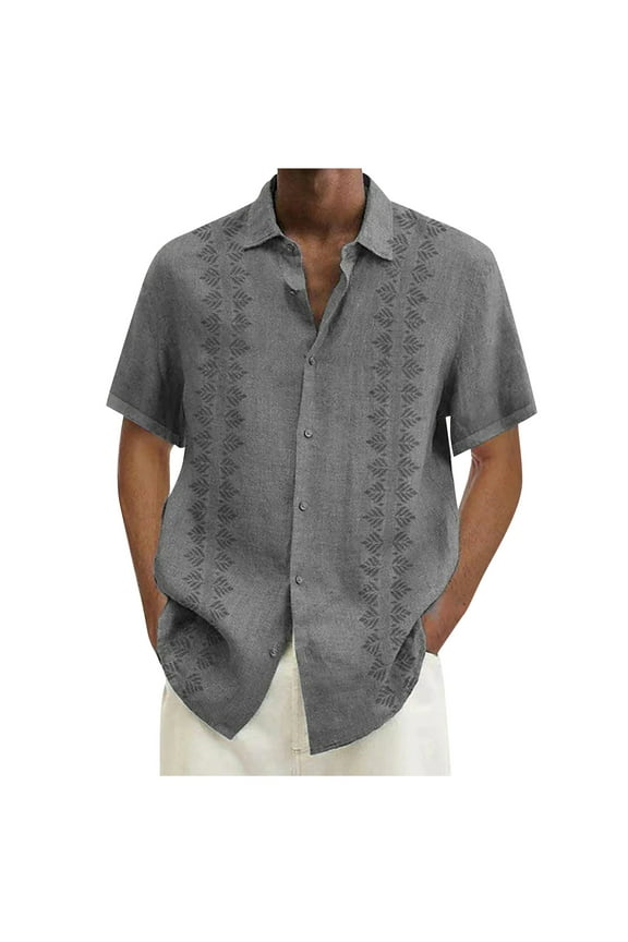 Huresd Mens Short Sleeve Button Down Shirts Linen Cotton Summer Tops Vintage Embroidered Cuban Shirts for Men Gray XL