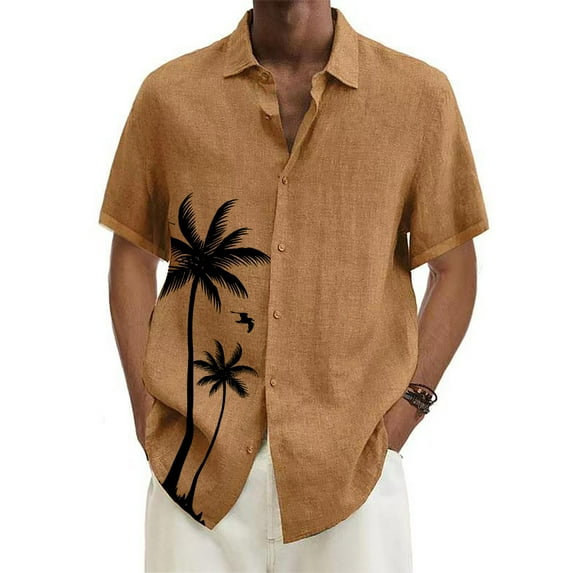 Huresd Mens Short Sleeve Button Down Shirts Palm Tree Hawaiian Shirts Lighweight Turndown Collar Tropical Beach Shirts for Men Brown L