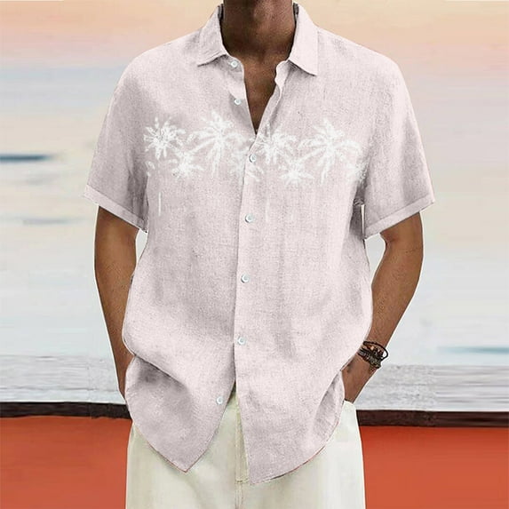 Huresd Mens Short Sleeve Button Down Shirts Palm Tree Hawaiian Shirts Lighweight Turndown Collar Tropical Beach Shirts for Men White 2XL